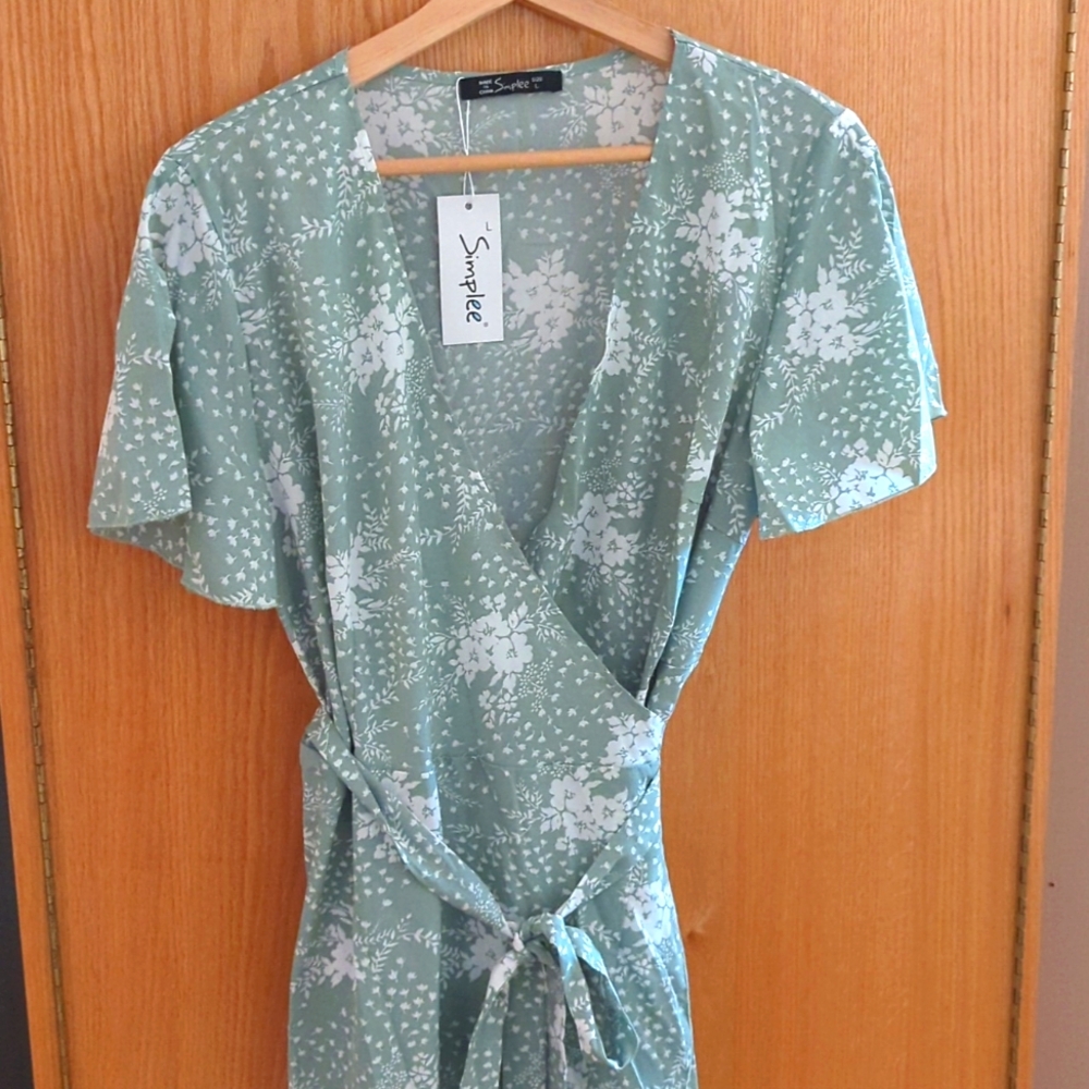 Simplee Women's Summer Floral Print Wrap Dress Long Green L 10-12